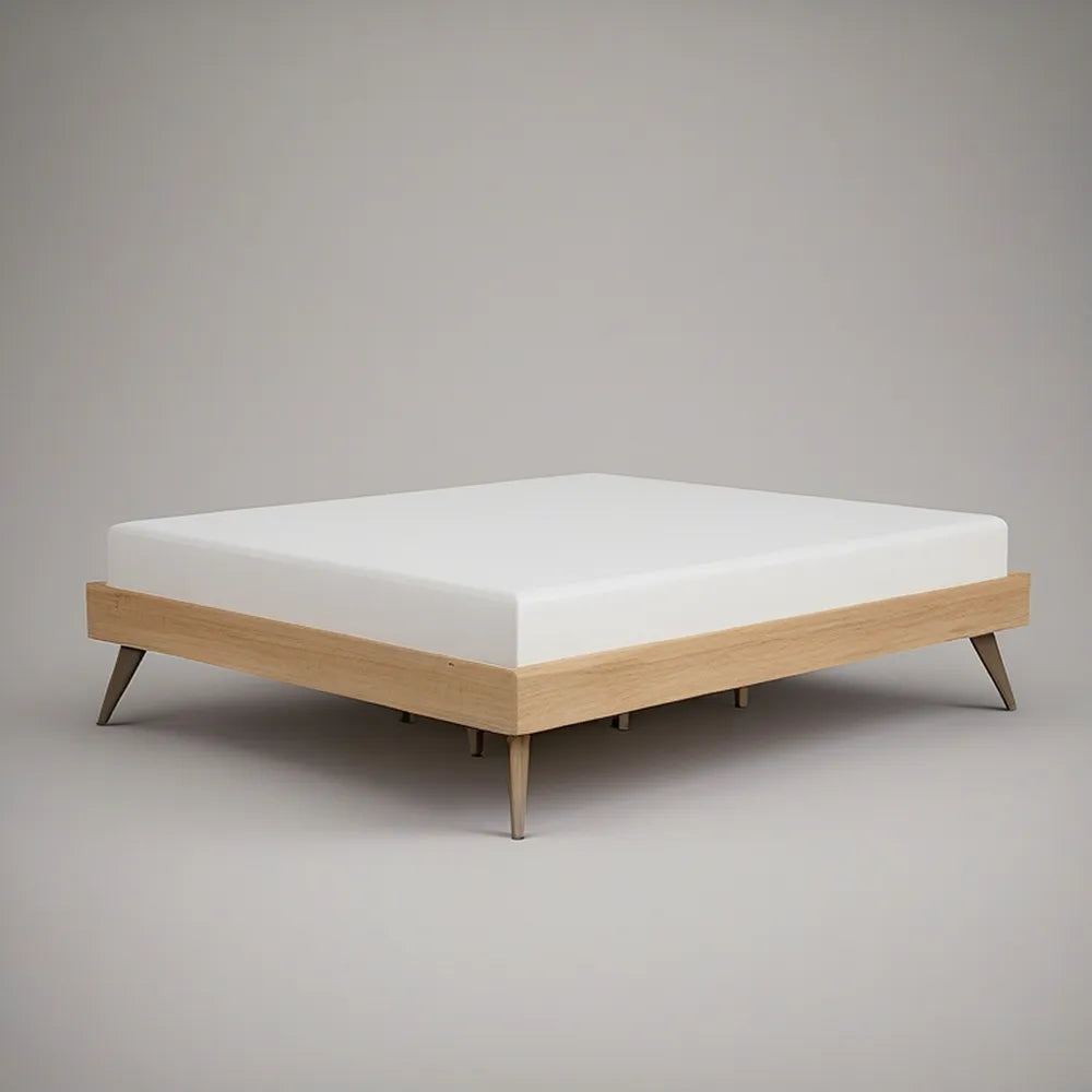 Queen Size Natural Oak Platform Bed Frame with White 8-Inch Foam Mattress, 60 x 80 x 14 Inches