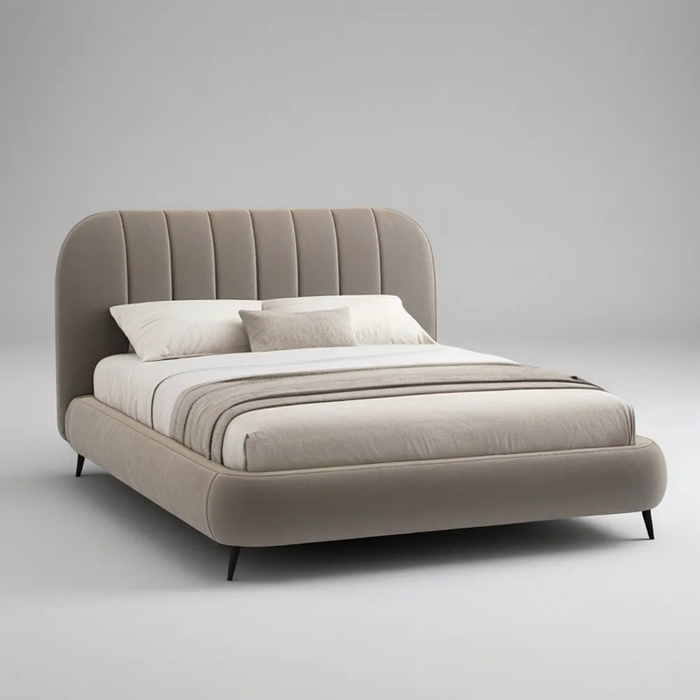 Queen Taupe Upholstered Platform Bed Frame, 64 in W x 86 in L x 45 in H, Rounded Channel-Tufted Headboard