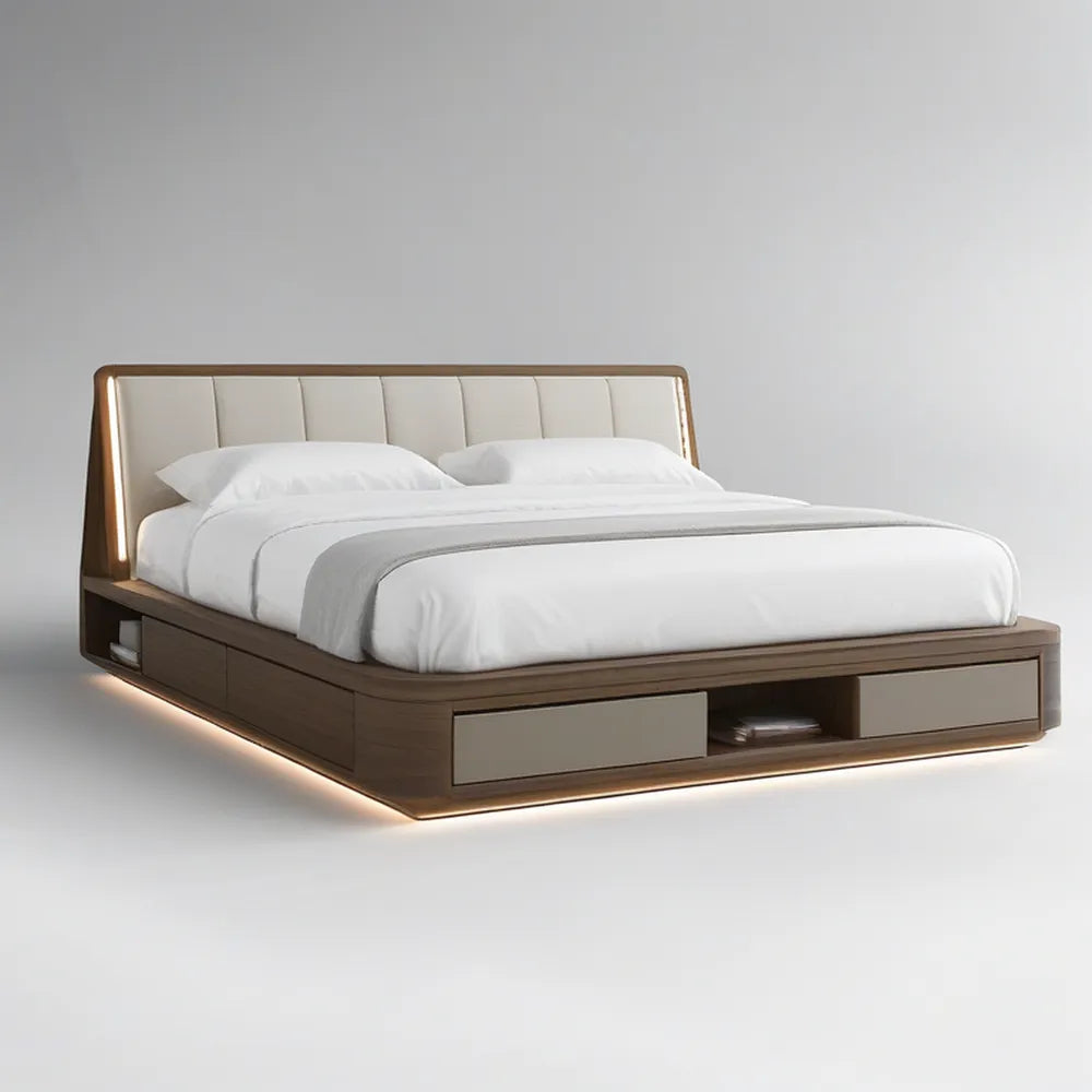 Queen Storage Platform Bed Frame with LED Lighting, Walnut Brown/Beige, 89 x 64 x 42 in