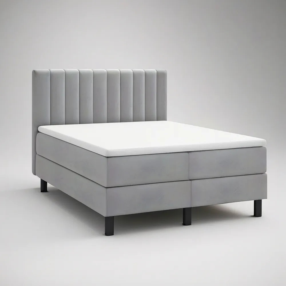 Queen Light Gray Upholstered Platform Bed Frame with White Mattress, 64 x 85 x 48 in