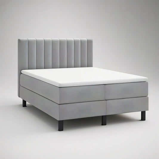 Queen Light Gray Upholstered Platform Bed Frame with White Mattress, 64 x 85 x 48 in