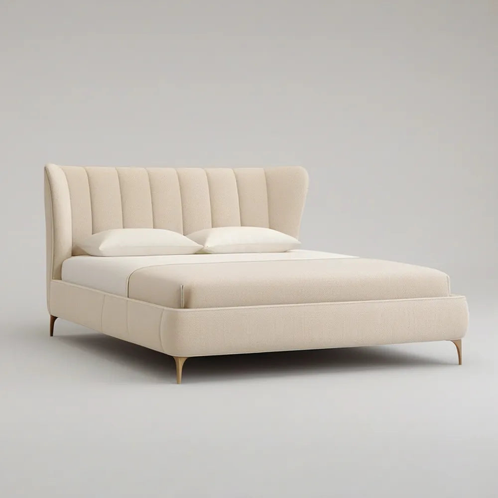 Queen Upholstered Bed Frame, 64 x 86 x 50 in, Curved Channel-Tufted Headboard, Cream