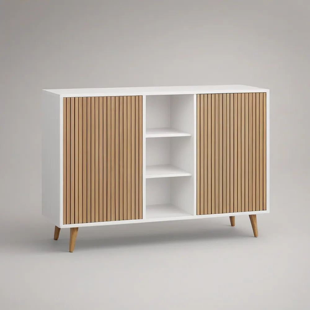 White and Natural Oak Sideboard with 2 Slatted Doors, 3 Open Shelves, 47.2 x 15.7 x 35.4 in