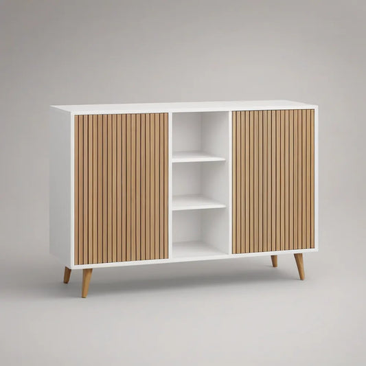 White and Natural Oak Sideboard with 2 Slatted Doors, 3 Open Shelves, 47.2 x 15.7 x 35.4 in