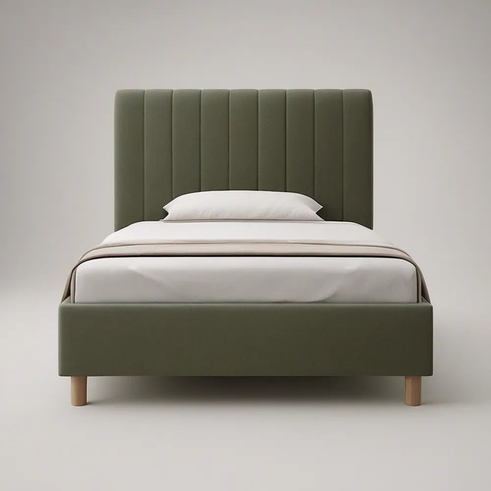 Queen Olive Green Upholstered Platform Bed Frame with Channel-Tufted Headboard, 65 x 85 x 47 in
