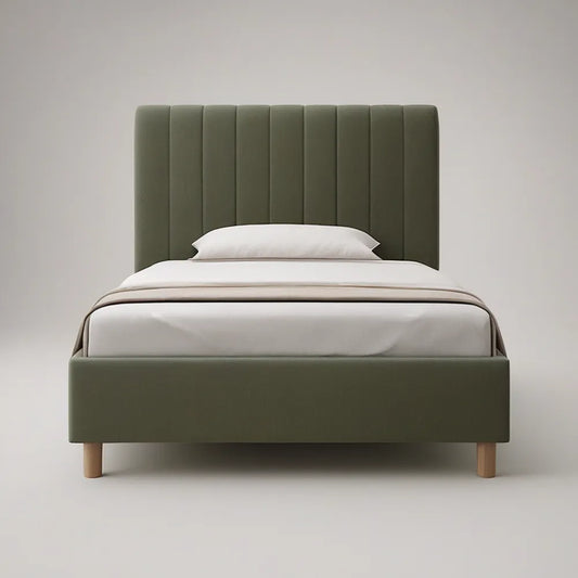 Queen Olive Green Upholstered Platform Bed Frame with Channel-Tufted Headboard, 65 x 85 x 47 in