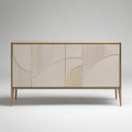63 in W x 16 in D x 31.5 in H Beige and Natural Oak Sideboard Buffet Cabinet with 4 Geometric Relief Doors