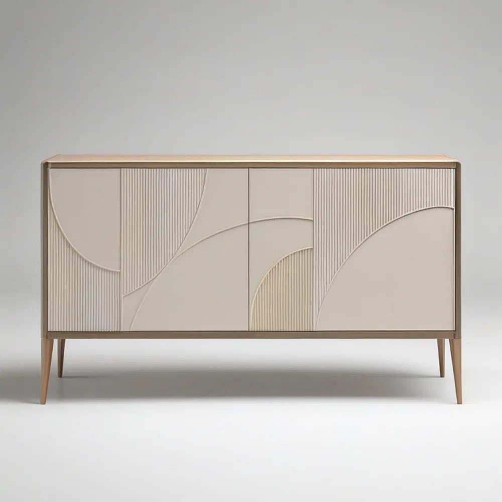 63 in W x 16 in D x 31.5 in H Beige and Natural Oak Sideboard Buffet Cabinet with 4 Geometric Relief Doors