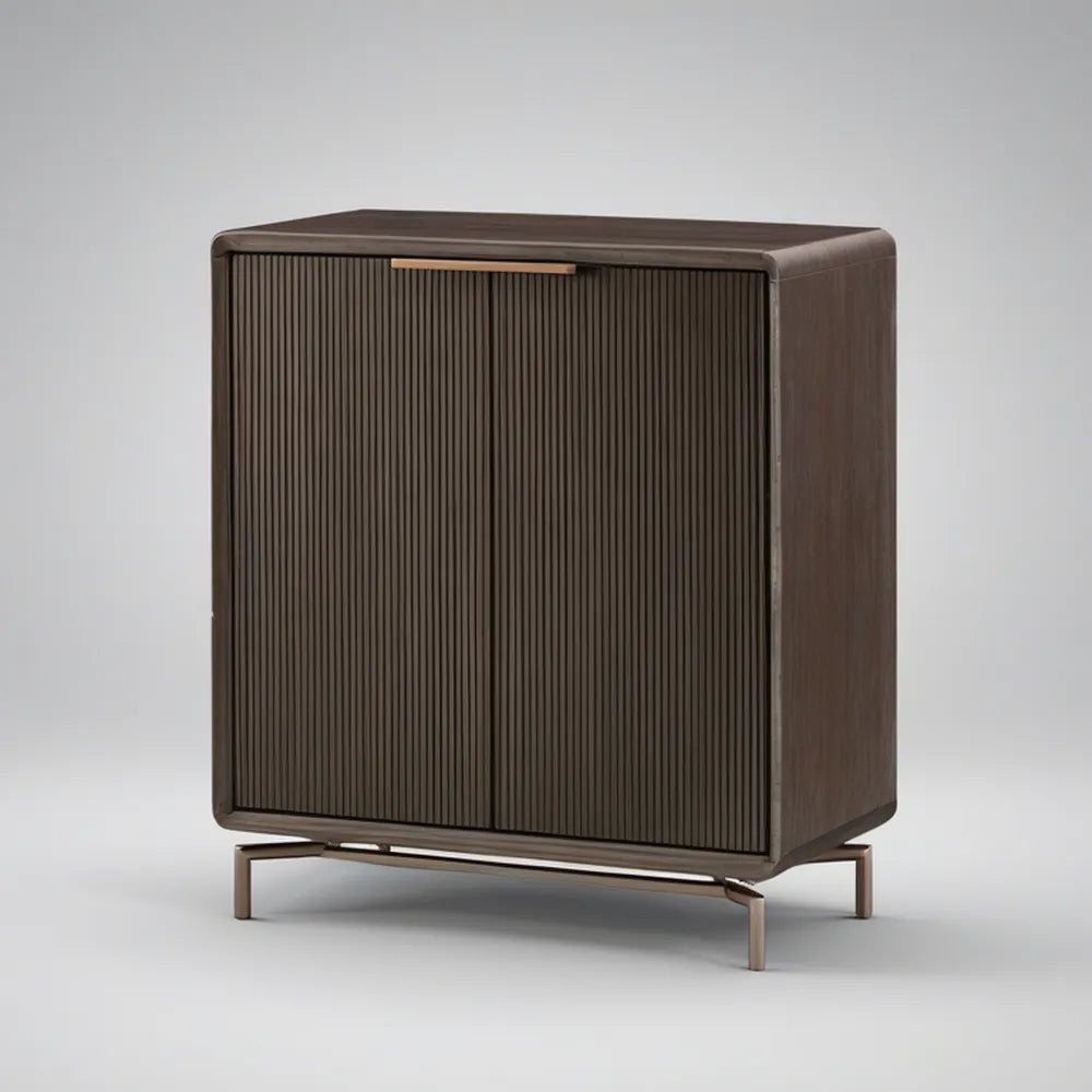 Walnut Brown 2-Door Fluted Storage Cabinet with Brass Steel Base, 36 x 18 x 40 in.
