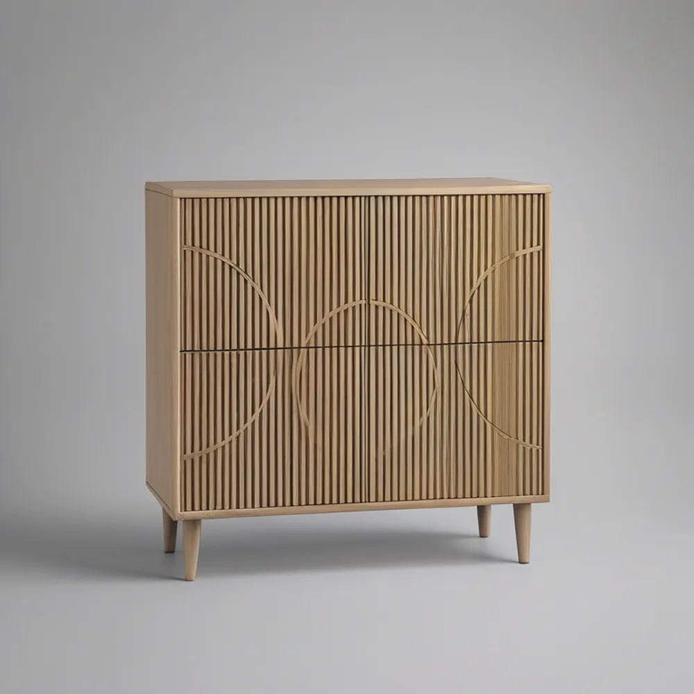 Natural Oak and MDF Sideboard Storage Cabinet with Fluted Doors, 31.5 x 15.7 x 39.4 in