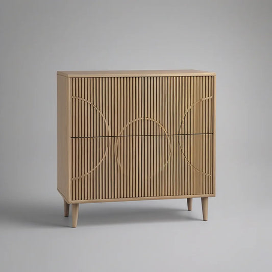 Natural Oak and MDF Sideboard Storage Cabinet with Fluted Doors, 31.5 x 15.7 x 39.4 in