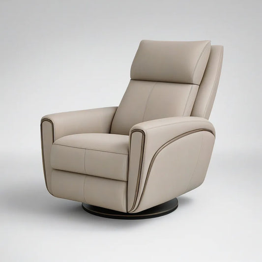 Beige PU Leather Swivel Armchair with Black Round Base, 33.5 x 35.4 x 40.6 in
