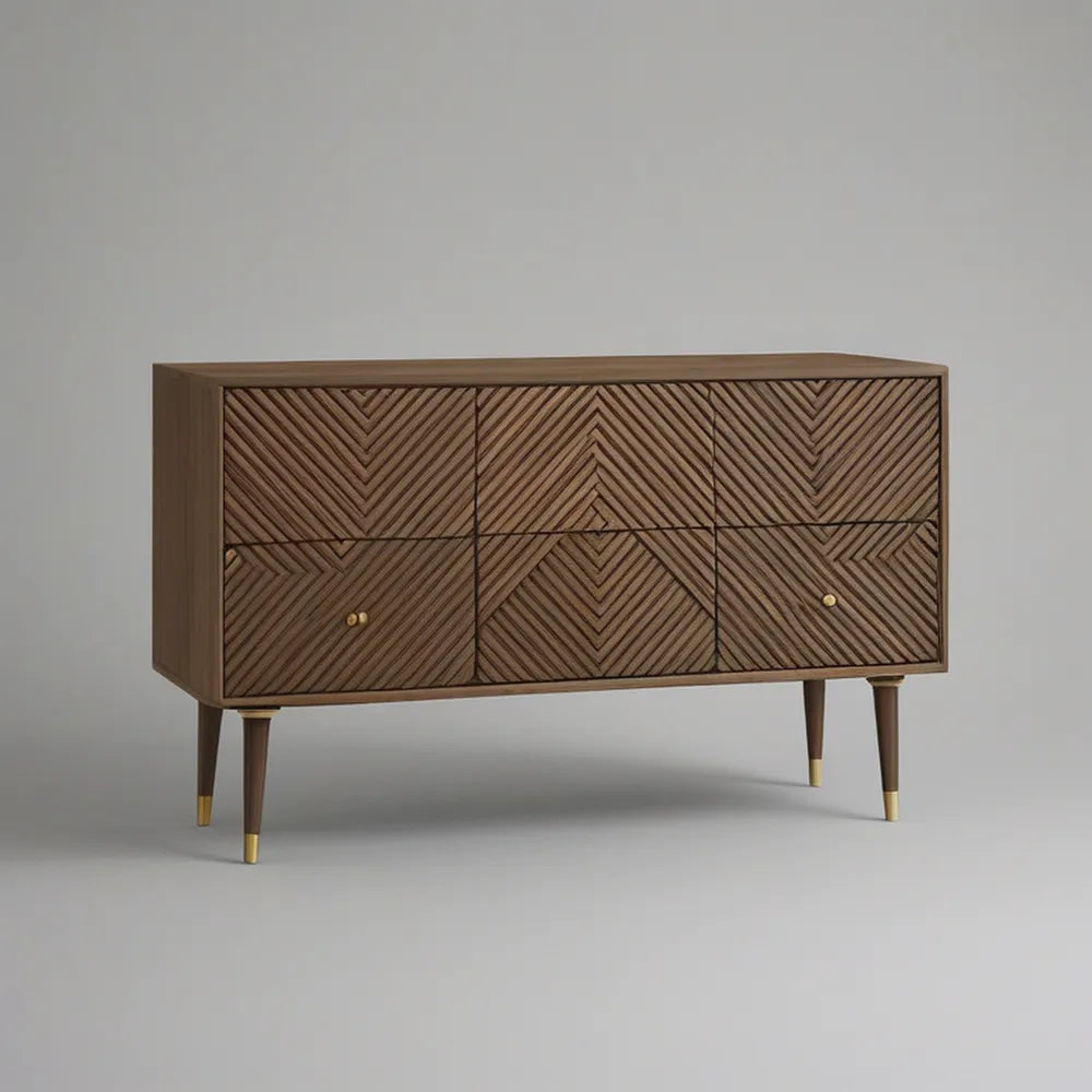 Six-Drawer Walnut Veneer Sideboard with Chevron Front, 59.1 x 15.7 x 31.5 in, Walnut Brown and Brass Gold