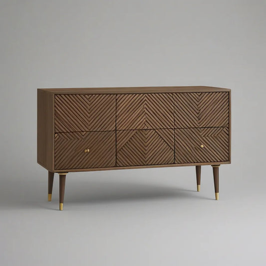 Six-Drawer Walnut Veneer Sideboard with Chevron Front, 59.1 x 15.7 x 31.5 in, Walnut Brown and Brass Gold