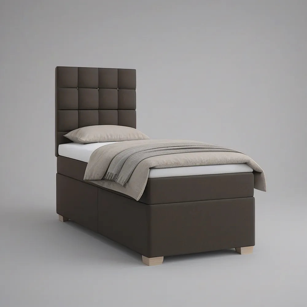 Twin Dark Brown Faux Leather Upholstered Bed Frame with Light Brown Rubberwood Feet, 42 x 80 x 48 in