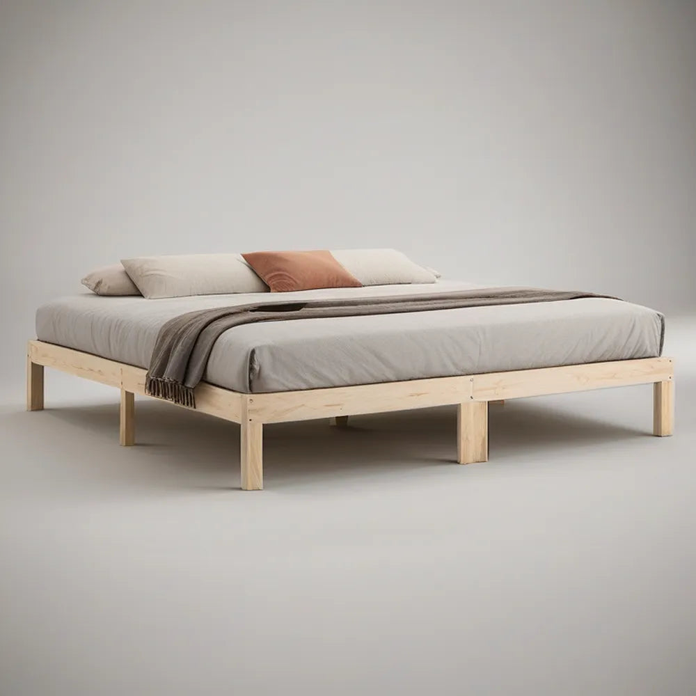 Queen Solid Pine Wood Platform Bed Frame, Natural, 83 x 63 x 14 in