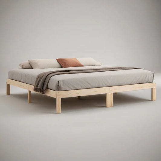 Queen Solid Pine Wood Platform Bed Frame, Natural, 83 x 63 x 14 in