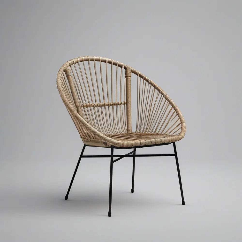 Natural Rattan Armchair with Black Powder-Coated Steel Legs, 29.5 x 27.6 x 32.3 in
