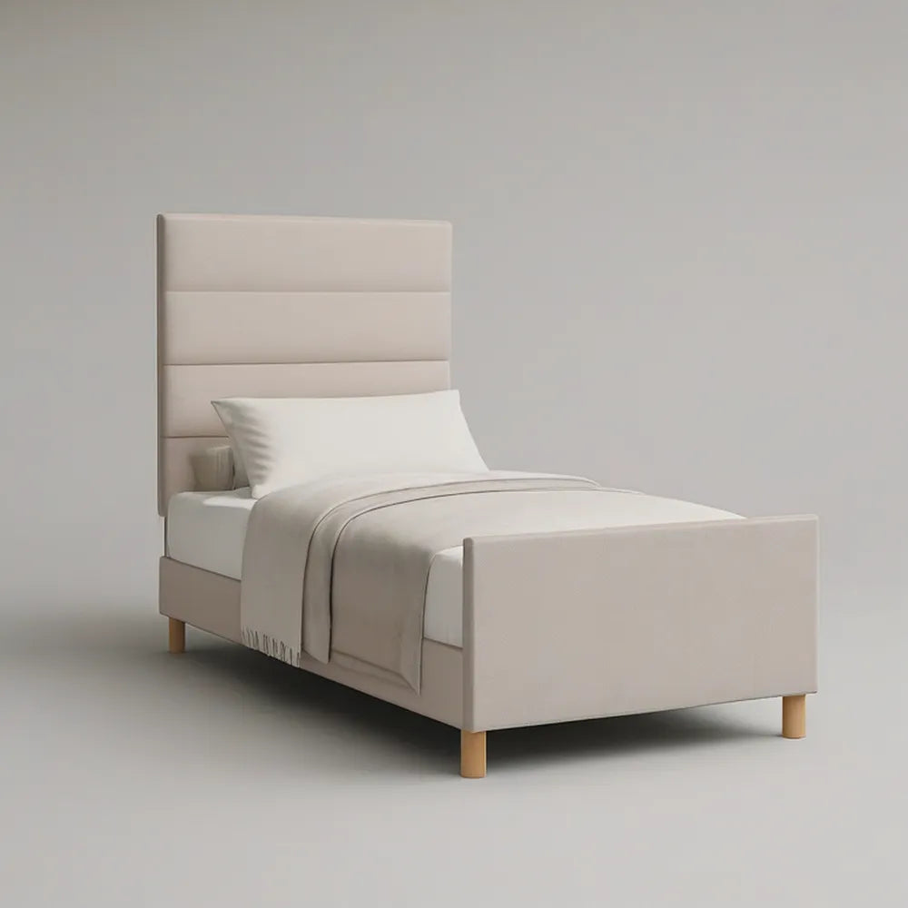Twin Beige Upholstered Bed Frame with Padded Headboard, 42 x 80 x 48 in