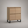 4-Door Natural Oak Veneer Sideboard with Black Steel Legs, 31.5 x 15.7 x 39.4 in