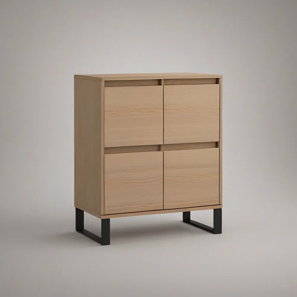 4-Door Natural Oak Veneer Sideboard with Black Steel Legs, 31.5 x 15.7 x 39.4 in