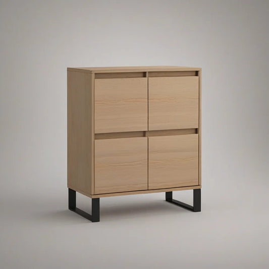 4-Door Natural Oak Veneer Sideboard with Black Steel Legs, 31.5 x 15.7 x 39.4 in