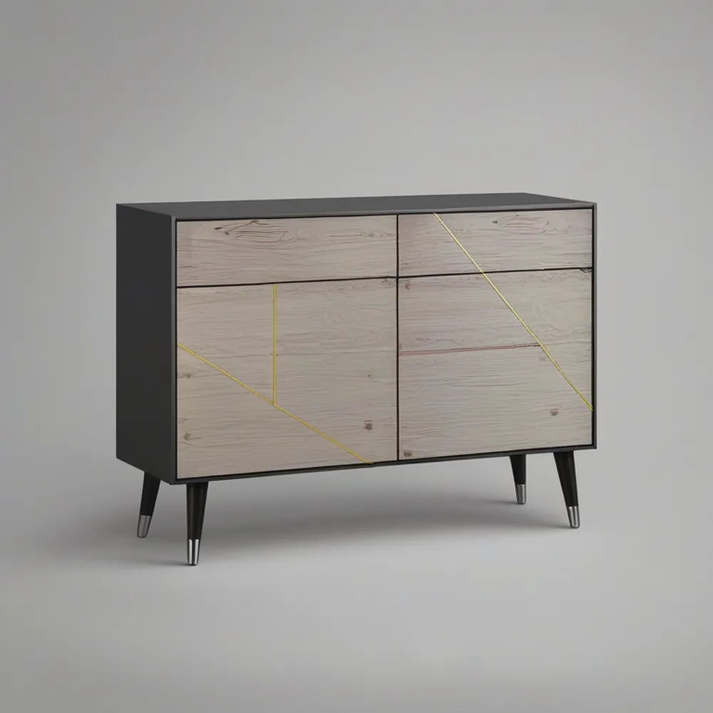Mid-Century Modern Sideboard Storage Cabinet, 47.2 x 15.7 x 33.5 in, Light Oak, Black, Gold and Silver, 2 Drawers and 2 Doors