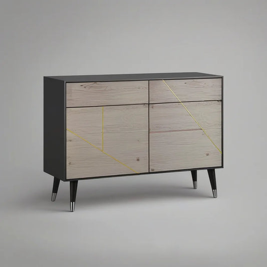 Mid-Century Modern Sideboard Storage Cabinet, 47.2 x 15.7 x 33.5 in, Light Oak, Black, Gold and Silver, 2 Drawers and 2 Doors