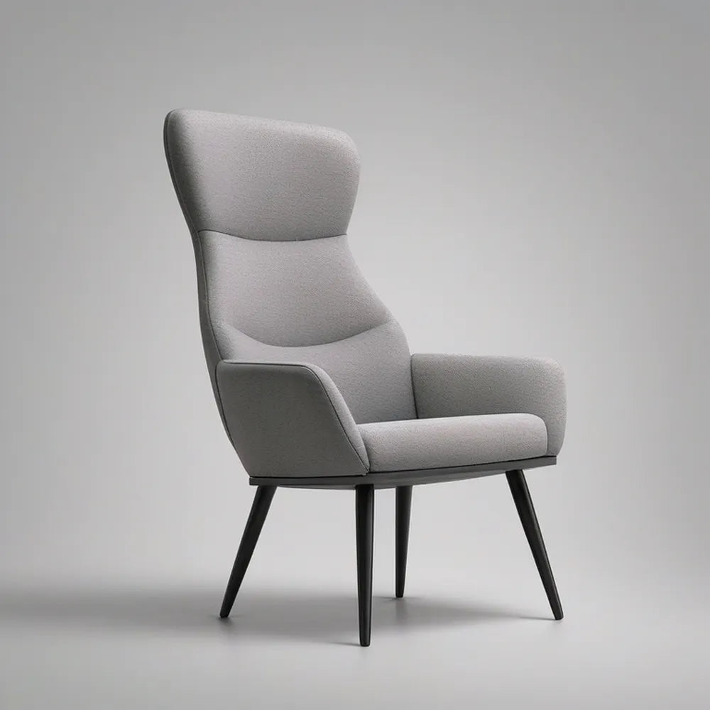 Light Gray Upholstered High-Back Armchair with Black Steel Legs, 28.3 x 31.5 x 43.3 in