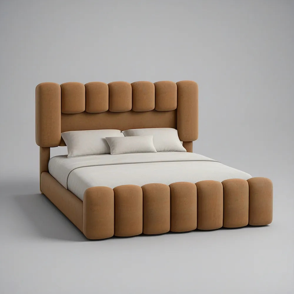 Queen Upholstered Platform Bed, 60 x 80 in, Curved Padded Headboard and Footboard, Camel Brown