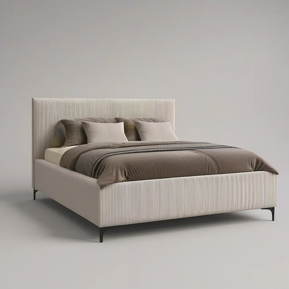 Queen Upholstered Platform Bed Frame, 64 x 86 x 45 in, Ivory Corduroy with Black Steel Legs