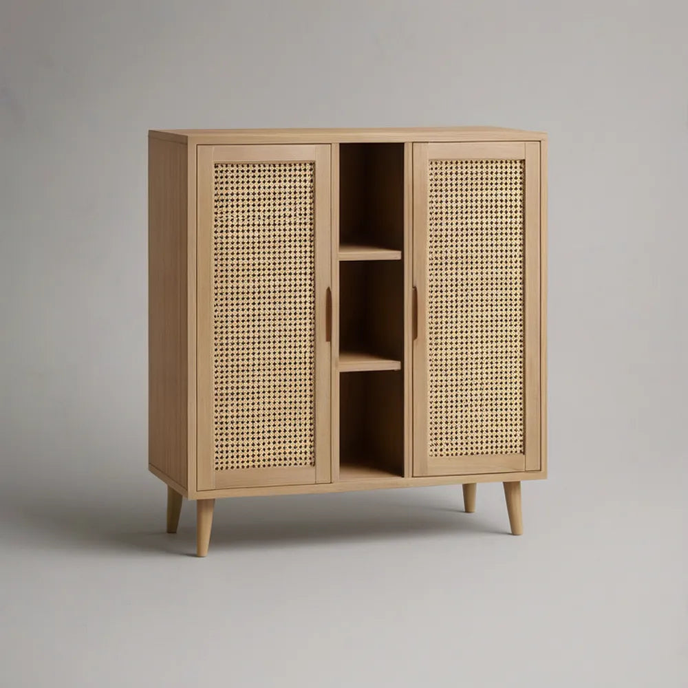 Mid-Century Modern Light Oak Storage Cabinet with Natural Rattan Doors and Open Shelves, 120 x 40 x 100 cm