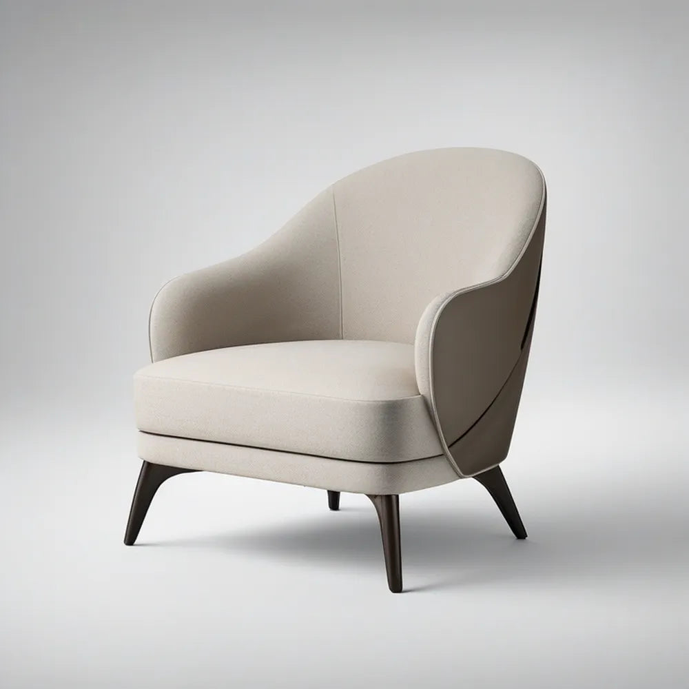 Cream Curved Upholstered Armchair with Dark Brown Wood Legs, 30.0 W x 32.0 D x 34.0 H in
