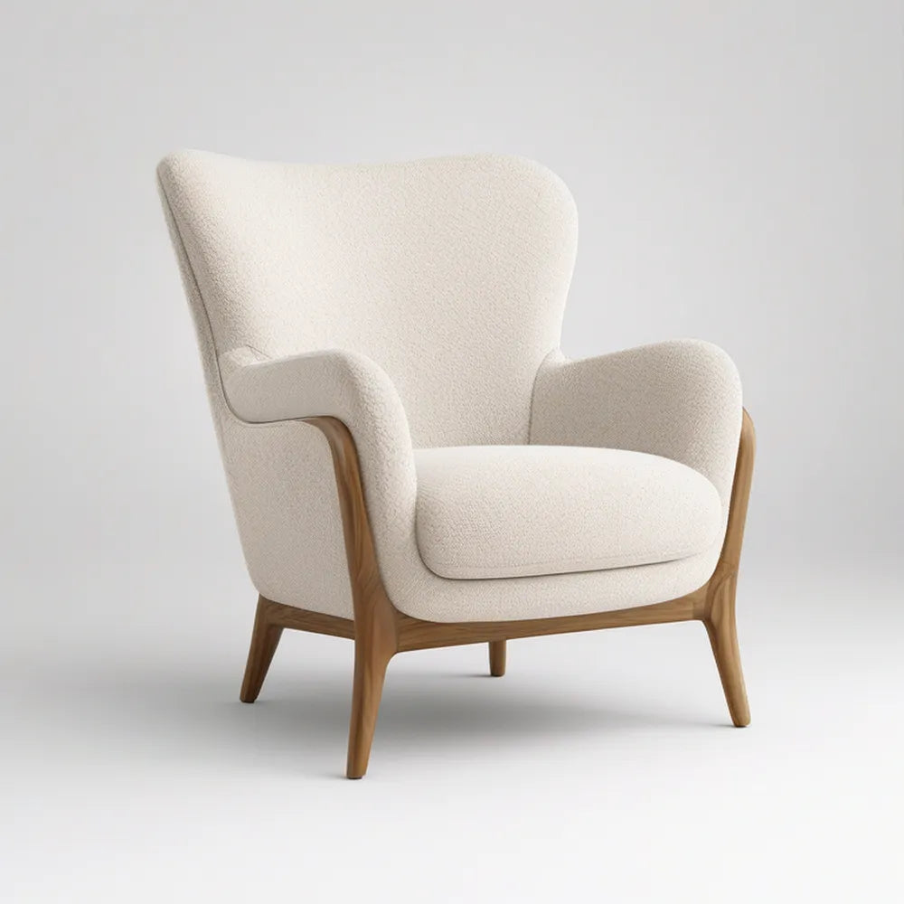 Cream Bouclé Wingback Armchair with Natural Rubberwood Frame, 30 x 33 x 41 in