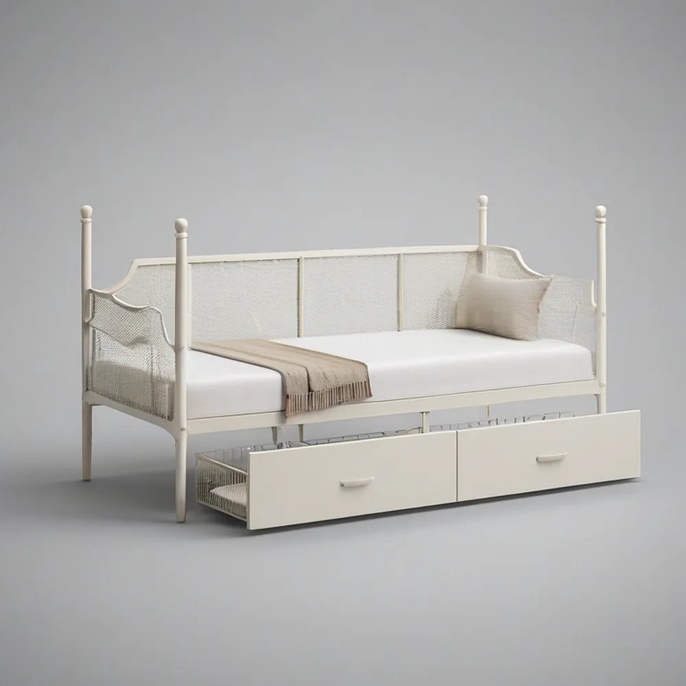 White Twin Metal Daybed Frame with Two Under-Bed Drawers, 78 x 41 x 43 in