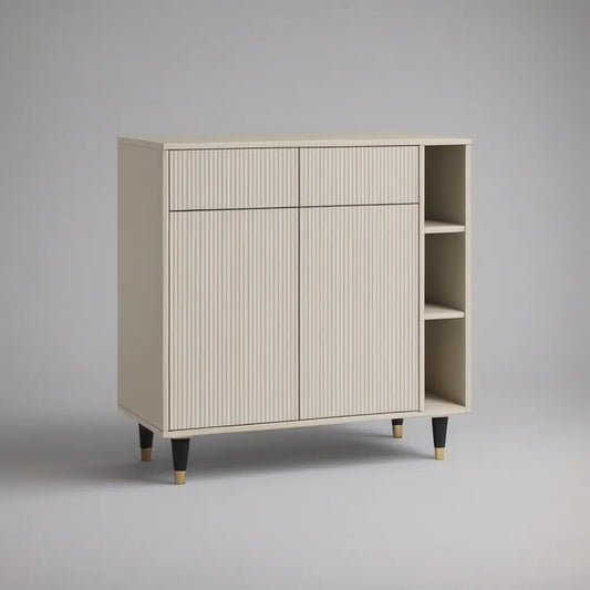 Cream Fluted Engineered Wood Storage Cabinet with Open Shelves, 120 x 40 x 120 cm